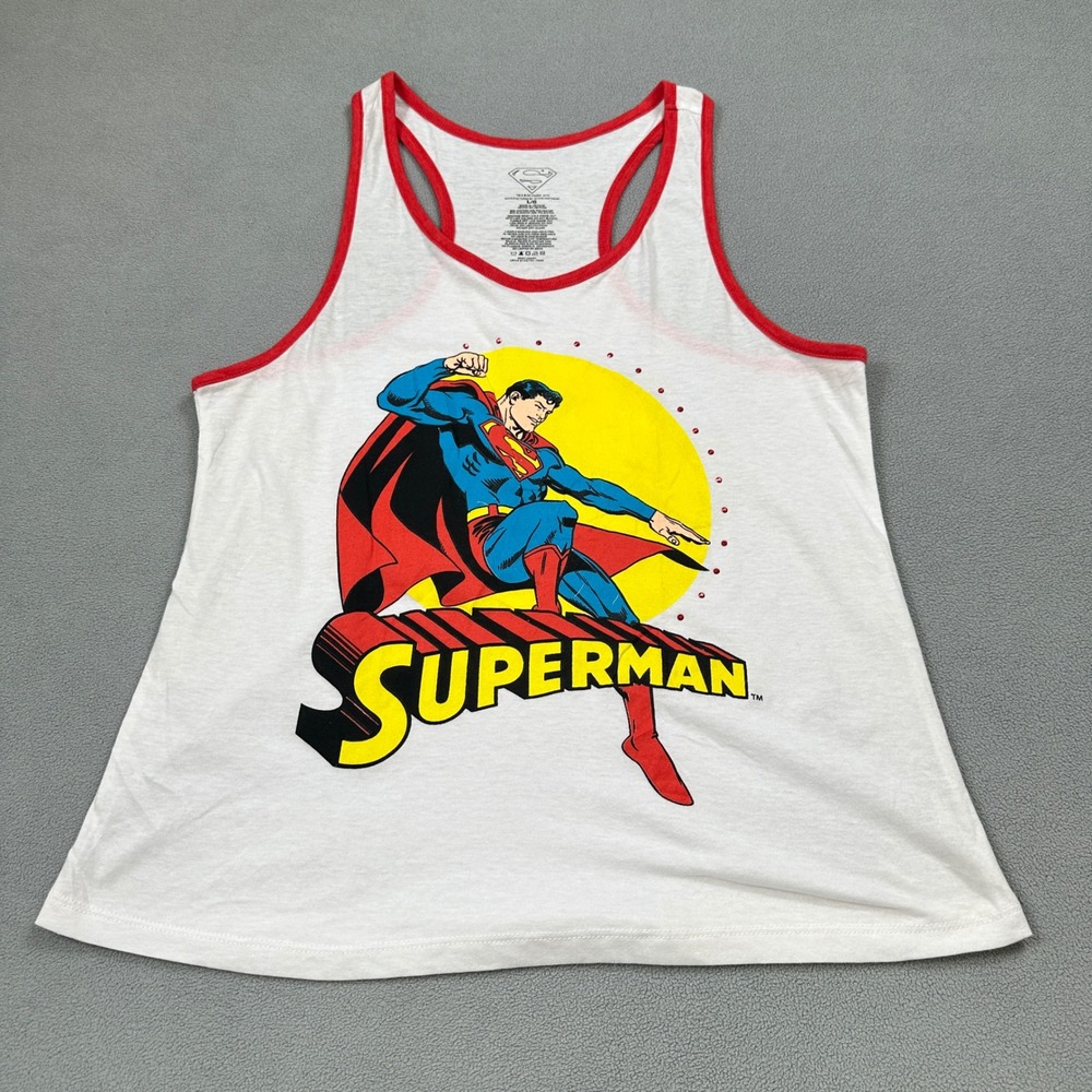 Superman Tank Top Womens L Racerback White Red Trim DC Comics DC Comics NWOT